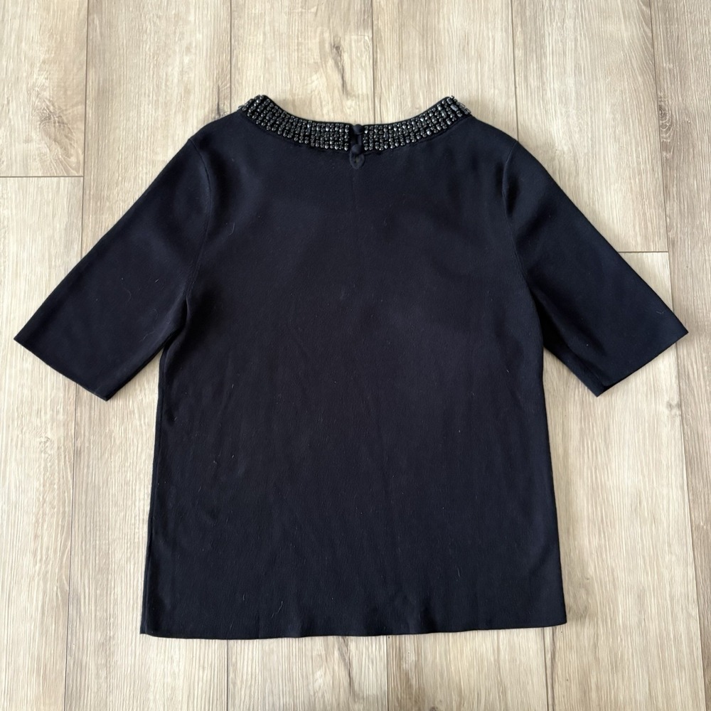Talbots Black Jeweled Neckline Short Sleeve Knit Top Rhinestone Sweater Large L - Picture 5 of 7